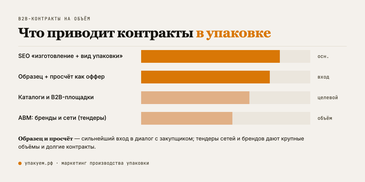 Что приводит контракты в упаковке: SEO по запросам изготовления, каталоги, образец+просчёт как оффер и прямой выход на бренды. Каналы привлечения B2B-заказов для производства упаковки