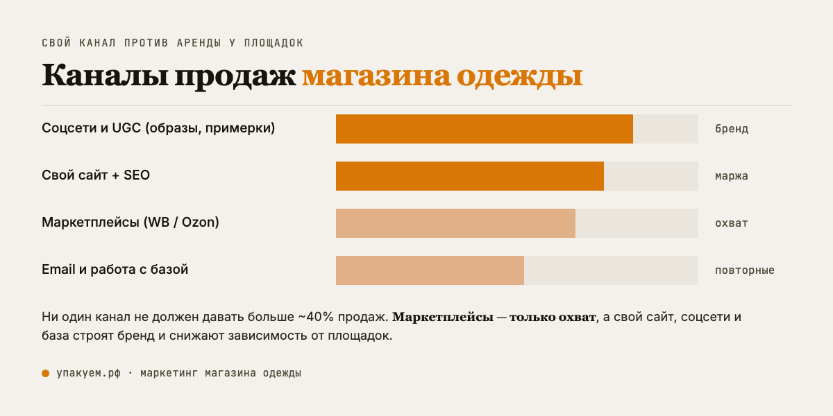 Здоровый микс: маркетплейсы как один из каналов, а не единственный. Свой сайт, соцсети/UGC и база строят бренд и снижают зависимость. Каналы продаж магазина одежды: свой канал против зависимости от маркетплейсов
