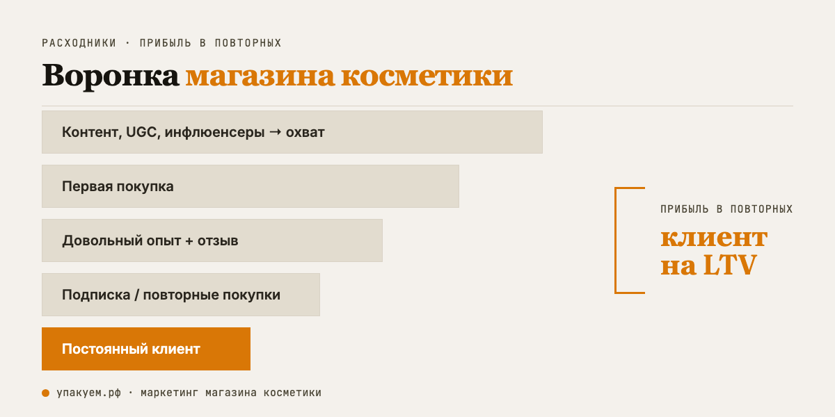 Воронка косметики: контент/UGC приводят, довольный опыт возвращает, подписка и напоминания растят LTV. Прибыль — в повторных покупках. Воронка магазина косметики от первой покупки до постоянного клиента