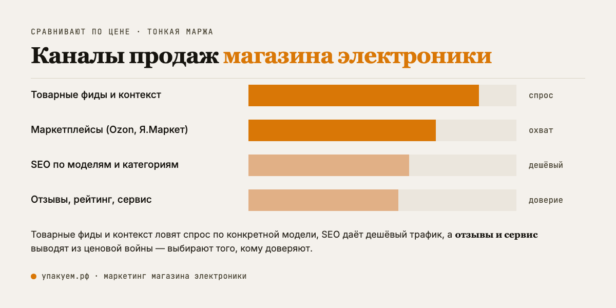 Что приводит продажи в электронике: товарные фиды и контекст ловят спрос по модели, SEO даёт дешёвый трафик, отзывы и сервис закрывают выбор. Каналы продаж магазина электроники