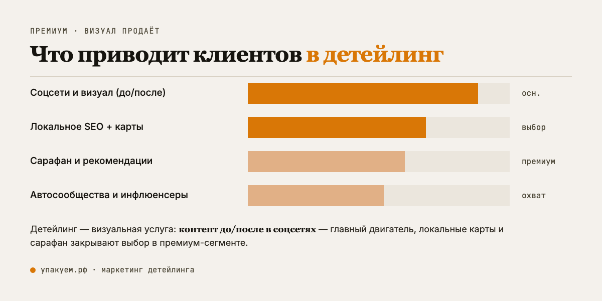 Что приводит клиентов в детейлинг: визуальный контент до/после в соцсетях — главный двигатель, локальные карты и сарафан закрывают выбор. Каналы привлечения клиентов в детейлинг