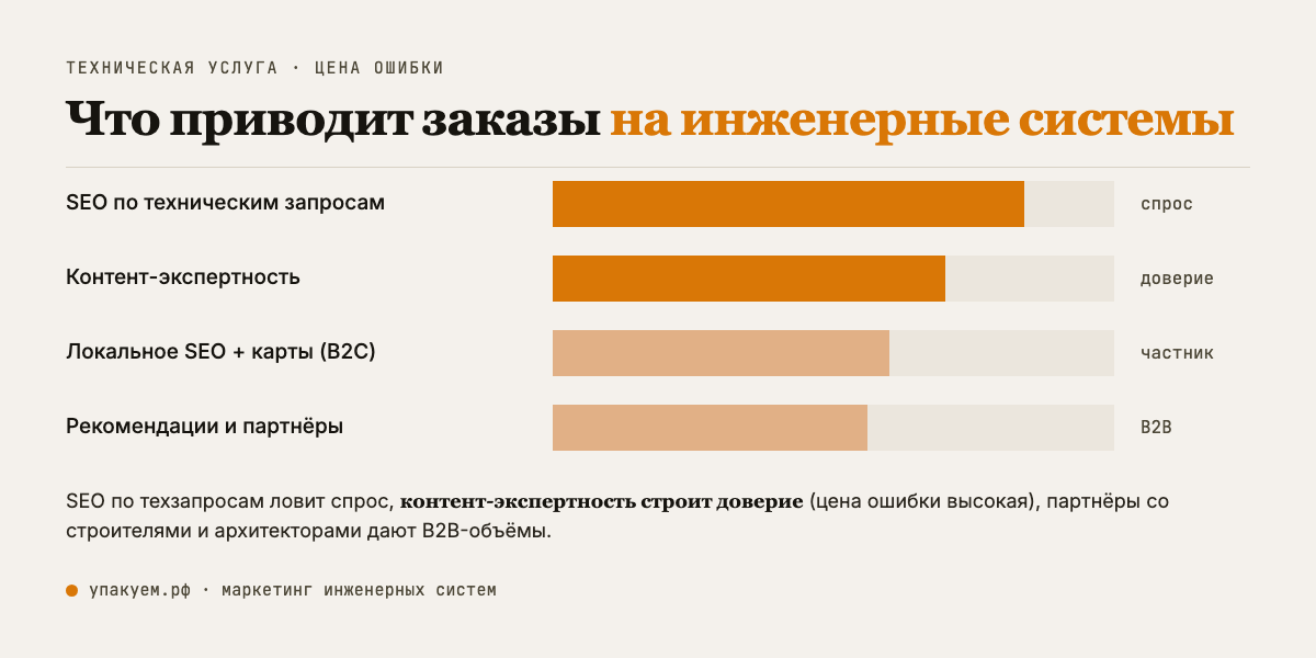 Что приводит заказы на инженерные системы: SEO по техзапросам ловит спрос, контент-экспертность строит доверие, партнёры и рекомендации дают B2B-объёмы. Каналы привлечения клиентов на инженерные системы