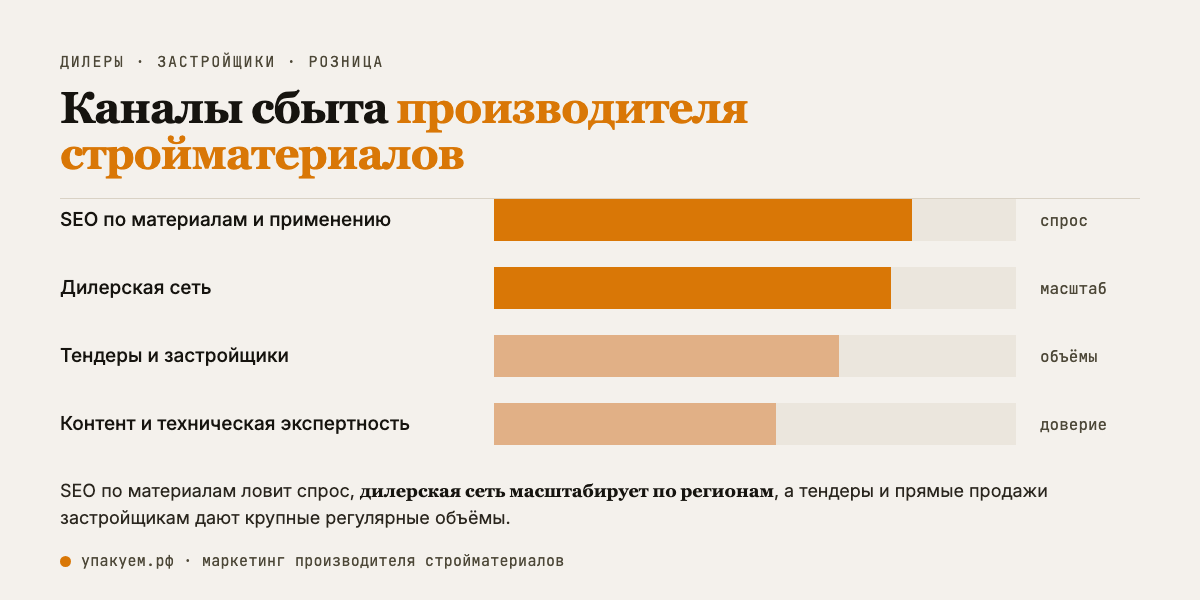 Что приводит заказы производителю стройматериалов: SEO по материалам ловит спрос, дилерская сеть масштабирует, тендеры и застройщики дают крупные объёмы. Каналы сбыта производителя стройматериалов